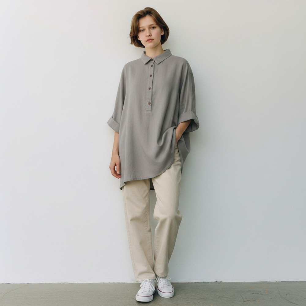 Liam&Co Taupe Gray Linen Blend Oversized Lagenlook L Button Tunic Normcore